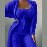 Naiste fliis, 3 tk. Teddy salongir&otilde;ivad, spagetid rihmaga, laiad pikad p&uuml;ksid, udune kimono, hubane pidžaamakomplekt, naiste p&uuml;kste &uuml;likond 3XL sinine