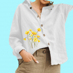 Naiste mood Lillemustriga pluus Naiste puuvillane linane topp vabaaja n&ouml;&ouml;biga pikkade varrukatega s&auml;rk S valge