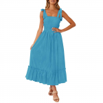 Naiste Mood Boho Rihmad Ruudukujulise Kaelusega &Uuml;hev&auml;rviline Volangidega A-l&otilde;ikeline Ranna Pikk Kleit XL veini