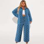 Suurused Denim Kaheosaline Naiste S&uuml;gis Denim Jakk Tutt Pikkade Varrukatega Pluus P&uuml;ksid &Uuml;likond 4XL sinine