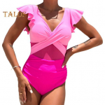 Naiste Monokini S&uuml;gava V-kaelusega V&otilde;rkliitmega Volangvarrukatega Ujumistrikoo &Uuml;hev&auml;rviline Kiiresti Kuivav &Uuml;heosaline Bikiini S roosa punane v&auml;rv