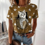 Armas Cat Print Crew Kaelusega T-s&auml;rk vabaaja l&uuml;hikeste varrukatega T-s&auml;rk kevadeks ja suveks naister&otilde;ivaste moe- ja pullovertopid S