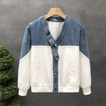 Uus Meeste Kevad-S&uuml;gis Patchwork V-kaelusega Nuppudega Tasku Moodne Trend Minimalistlik L&otilde;tv Vabaaja Pikkade Varrukatega Denim Jakk XL valge
