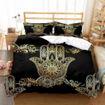Hamsa K&auml;si Tekikate King Queen Boho Must Kuldne Fatima &Otilde;nnek&auml;si Voodipesu Komplekt Hippie Paisley Tribaalne Pol&uuml;ester Tekikate 70x133cm 2pcs
