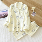 Uued kevadsuvised pidžaamad kaheosalised naiste 100% puuvillane marli pikkade varrukatega p&uuml;ksid Lihtsad lilled lahtised koduteeninduse komplekt XL