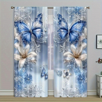 Sinised lillelised liblikakardinad, komplekt 2 tk, varraste jaoks taskuga, magamistoa elutoa jaoks, elegantne romantiline l&auml;bipaistev kardin 100*130 Grommet Top 1pcs