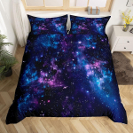 Kosmose teemaline voodipesukomplekt poistele ja t&uuml;drukutele T&auml;htede taevas Galaktika tekikate Kosmoserakett Universum tekikate &Uuml;heinimese Kuninganna suurus EU Single(135*200cm)3pcs blue