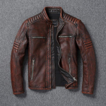 Vintage veisenahast mantel.Meeste Slim Fit Biker ehtsast nahast jope.Meeste klassikaline s&otilde;itja nahkriie 4XL punakaspruun