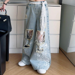 Laste Stiilsed T&auml;navariided Y2k Teksad T&uuml;drukule Pitsi Paeltega Denim P&uuml;ksid Lapse Mood Hip Hop Rebenenud Teksad P&uuml;ksid Aukudega 120 sinine