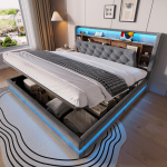 180 &times; 200 cm polsterdatud voodi hoiuruumiga, sametine voodi multifunktsionaalse peatsiga, LED-valgustus, 2 USB ja Type-C porti, h&uuml;drauliline, tumehall tumehall v&auml;rv