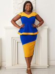 Bodycon Midi kleidid Naiste V kaelus Sinine kollane v&auml;rvi plokk k&otilde;rge v&ouml;&ouml;kohaga Peplum pakett puusa kontori Daami &uuml;rituse komplekt S sinine