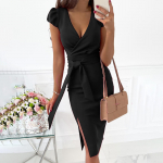 Naiste V-kaelusega salendav side Solid Ruched Slit Professionaalne kleit XXL must