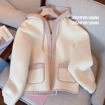 Naiste s&uuml;gis ja talv uus kapuutsiga kontrast, pikkade varrukatega lambavillane kahe taskuga mood jakk mantel Naiste moer&otilde;ivad S valge