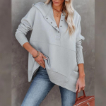 Naiste dressipluus Moodne V-kaelusega kapuutsiga nahkhiire varrukatega vabaaja s&auml;rk, l&otilde;ngaga pullover XL helehall v&auml;rv