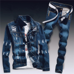Kevadine meeste teksariidest kaheosaline komplekt Hole Ripped Slim Fit jakk Teksakomplektid Meeste vabaaja Vintage Ropa Hombre Kot&uuml;&uuml;mid T&auml;navar&otilde;ivad XXL