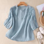 Naiste suvine kirjanduslik avar puuvillane linane pluus Tikitud lillen&ouml;&ouml;pidega V-kaelusega poolvarrukatega s&auml;rk 2XL sinine