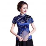 Naiste retro stiilis Qipao topid, krae l&uuml;hikeste varrukatega lillemustriga traditsioonilised Hiina topid uusaasta Cheongsami topid Naiste riided 3XL tumesinine v&auml;rv