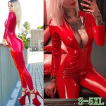 Naiste mood, pikkade varrukatega, punase v&auml;rviga nahast kassi&uuml;likond PVC-lateksist body, eesmine lukuga avatud jalgevahe Stretch t&auml;nava stiilis kombinesoon XXXXL