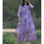 Johnature Naine Kevadmood vabaaja V-kaelusega Hiina stiilis kleit Ni&scaron;&scaron; vintage stiilis prinditud kleit M tumelilla v&auml;rv