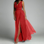 Euroopa ja Ameerika seksikas V-kaelus, v&ouml;&ouml;koht, salendav efekt, suur l&otilde;hik, s&auml;rav kristallist kleit, pidulik kleit XXL punane