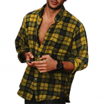 Meeste n&ouml;&ouml;biga s&auml;rk vabaaja flanellist ruuduline Slim Fit pikkade varrukatega, laia kaelusega kerged topid L kollane