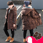 Poiste talveparki paksendatud sulejope, pikk soe jope, millele on kinnitatud soojad kindad 170 pruun