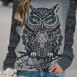 Elegantne Owl Print Crew Kaelusega naiste dressipluus pikkade varrukatega unikaalse asteekide disainiga s&uuml;gis-talv S