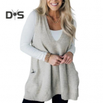 Naiste V-kaelusega varrukateta kampsun, &uuml;hev&auml;rviline kudumisvest taskutega, sooniku &auml;&auml;risega, vabas vormis keskmise pikkusega vabaaja kudum S hall