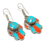 Natural Tibetan Turquoise, Coral Gemstone Handmade Jewelry Earring 2.09 r9q34