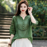 Suvine puuvillane linane Retro Art Retro tikandid V&auml;ikese V-kaelusega tikitud varrukatega s&auml;rk Pullover Top s&auml;rgid 4XL roheline