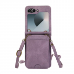 Nahast rahakoti kaardihoidja &uuml;mbris Samsung Galaxy Z Flip 6 5 4 3 ZFlip Flip6 Flip5 Flip4 Flip3 jaoks koos Crossbody kaelapaela koti kaanega For Samsung z flip 6&Case & Strap lilla