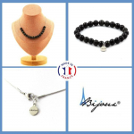 Pierres et Min&eacute;raux. Parure bijoux Bracelet Collier 15 Perles Obsidienne noire 8 mm. Chaine Taille personnalisable.