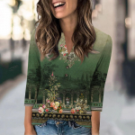 Naiste mood vabaaja lahtine 3/4 varrukatega tr&uuml;kiga &uuml;mmarguse kaelusega topp L sinine