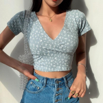 V-kaelusega vintage l&uuml;hikeste varrukatega naiste Crop Top Sinise lilleprintiga plisseeritud T-s&auml;rk vabaaja k&otilde;rge v&ouml;&ouml;kohaga naiste T-s&auml;rk Slim tops S helesinine v&auml;rv