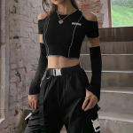 Patchwork Mustad T-s&auml;rgid Gooti &uuml;he &otilde;laga varrukatega Y2k Crop Tops Volangid Hem Hip Hop Techwear Naiste T-s&auml;rgid L