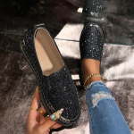 Moodsad Naiste Bling Kivist Kaunistusega Lamedad Kingad Mugavad Paksu Tallaga Slip-On Vabaaja Kingad Naiste Mood Kuldne H&otilde;bedane S&auml;delev Platvorm Loafers 35 must