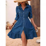 Kevad Suvi Volangid Naiste Sinine Denim Kleit Elegantne N&ouml;&ouml;pidega S&auml;rk Midi Kleit Naiselik Vabaaja Kleit Robe Femme XXXL sinine