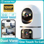 OKAM PRO Kahe objektiiviga HD 5K 10MP WiFi kaamera Kahesuunaline videointerfon AI liikumise j&auml;lgimine Kodukaamera V&auml;rviline &ouml;&ouml;n&auml;gemine PTZ IP CCTV Camera 128GB