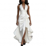 Naiste volangidega satiinist k&otilde;rge-madal ballikleit, varrukateta V-kaelusega halter-seotav v&ouml;&ouml;kohaga midi kleit, pulmak&uuml;lalise peokleit, kokteilikleit S valge