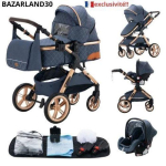 BAZARLAND30.Poussette 3 en 1 B&eacute;b&eacute; Combin&eacute;e Si&egrave;ge-Auto Nacelle Trio R&eacute;versible R&eacute;glable Haute Qualit&eacute; Roue increvable Canne.Bleu sinine