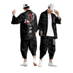 Rebane Tr&uuml;kiga Jaapani Stiilis Mood Kimono ja P&uuml;kste Komplekt Meestele Kampsun Pluus Haori Obi Aasia R&otilde;ivad XL black