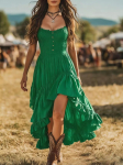 Elegantne naiste strapless kleit, kortsutatud v&ouml;&ouml;koht, bodycon midi kleit, volangidega alumine &auml;&auml;r, n&ouml;&ouml;pidega esiosa, varrukateta suvekleit S roheline
