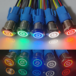 16 mm iselukustuv veekindel metallist LED-valgusti nuppl&uuml;liti mitmev&auml;rviline punane sinine roheline kollane switch socket taevasinine v&auml;rv