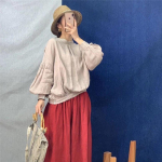 Johnature Vintage Mori lahtised &uuml;hev&auml;rvilised naiste topid Pluusid Lantern Sleeve Button S&auml;rgid One Size khaki