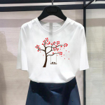 Aasia suuruses tr&uuml;kisega naistepuu akvarell, magus 90ndate stiilis naiste T-riietus vabaaja naiste suvine &uuml;laosa, moodne graafiline triiks&auml;rk l&uuml;hikeste varrukatega S