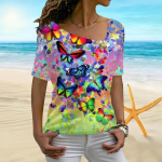 Naiste 3D Hazy Butterfly Print Ebaregulaarse kraega l&uuml;hikeste varrukatega aluss&auml;rk Naiste T-s&auml;rk XS lilla