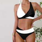 Naiste ujumisriided bikiinid kaheosaline ujumistrikoo seljata p&auml;itsed rannariided sinised ja mustad v&auml;rvid tr&uuml;kitud ujumistrikood rippuva kaelusega ujumistrikoo S valge