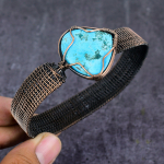 Natural Tibetan Turquoise Gemstone Copper Wire Wrap Cuff Bangle Adjustable k3l50
