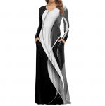 Naiste mood vabaajaprinteriga &uuml;mara kaelusega pikkade varrukatega eriti pikk taskutega kleit L must