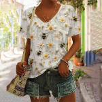 Naiste l&uuml;hikeste varrukatega V-kaelusega T-s&auml;rgid Armsad mesilaste tr&uuml;kkimine vabaaja Pullover Varrukad Suurem&otilde;&otilde;tmeline T-s&auml;rk Naiste moer&otilde;ivad Suvine S